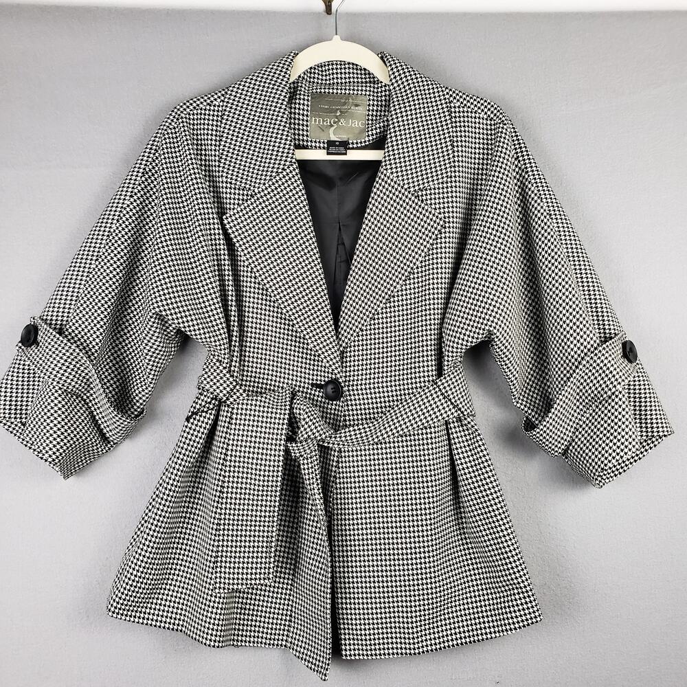 Mac & Jac Size‎ 10 Belted Houndstooth Coat Black White Preppy Classic Academia